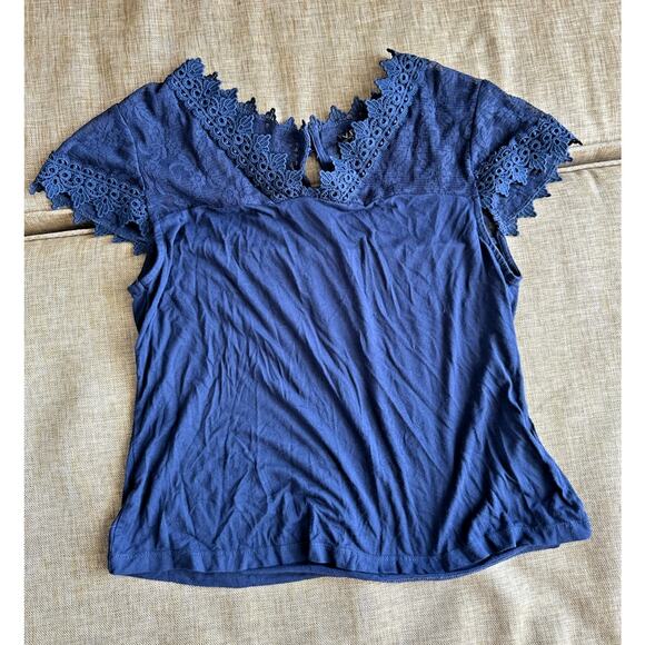 Venus Blue Blouse‎ Women's Embroidery Lace Short Sleeve V Neck Keyhole Viscose L - Picture 2 of 13